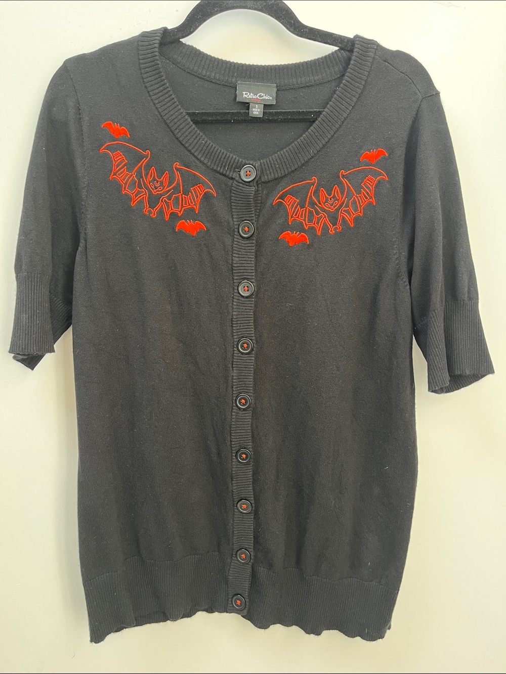 Torrid Retro Chic Black Cardigan Sweater with Orange Bat Embroidery, Size 1